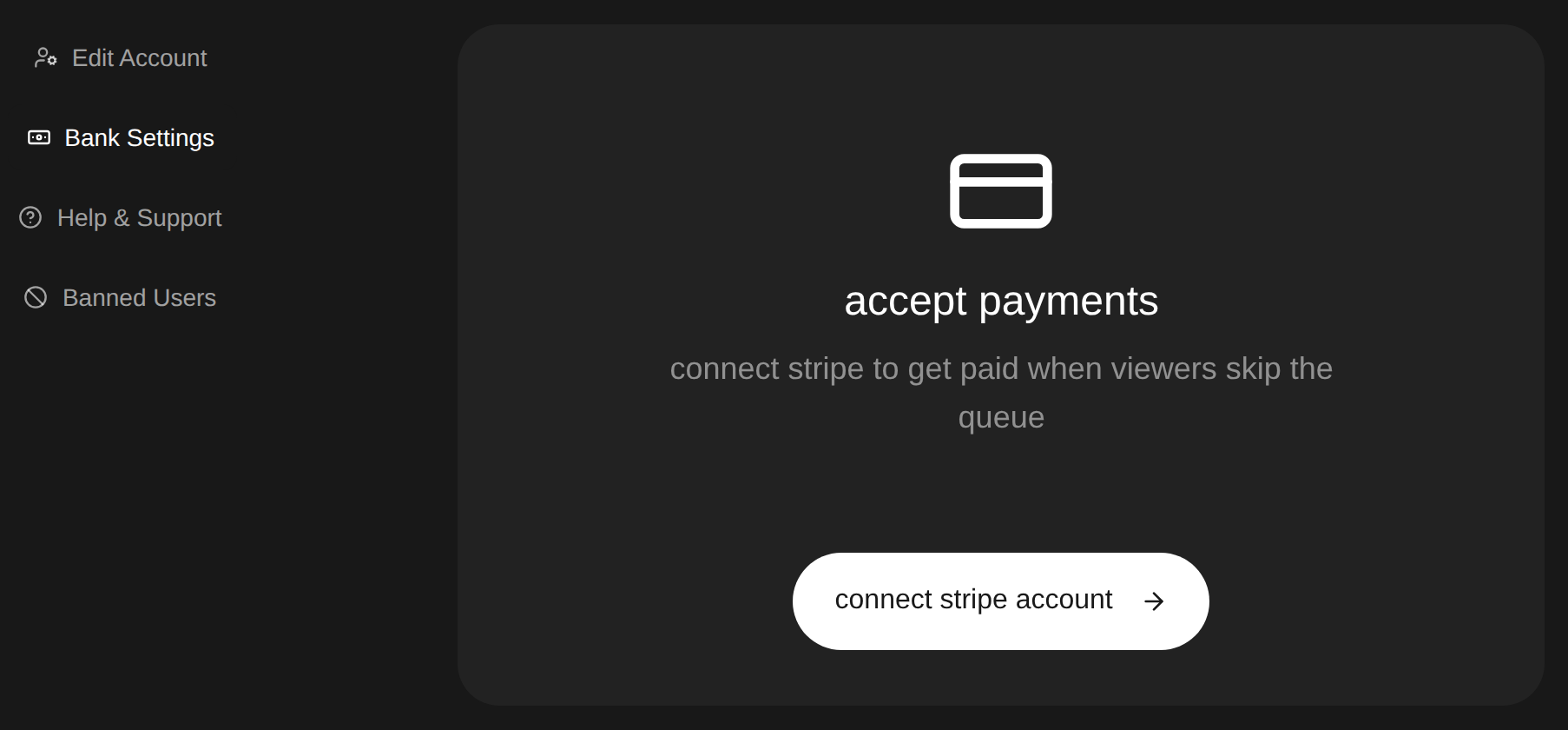 The Bank Settings tab on the account page with the connect stripe account button