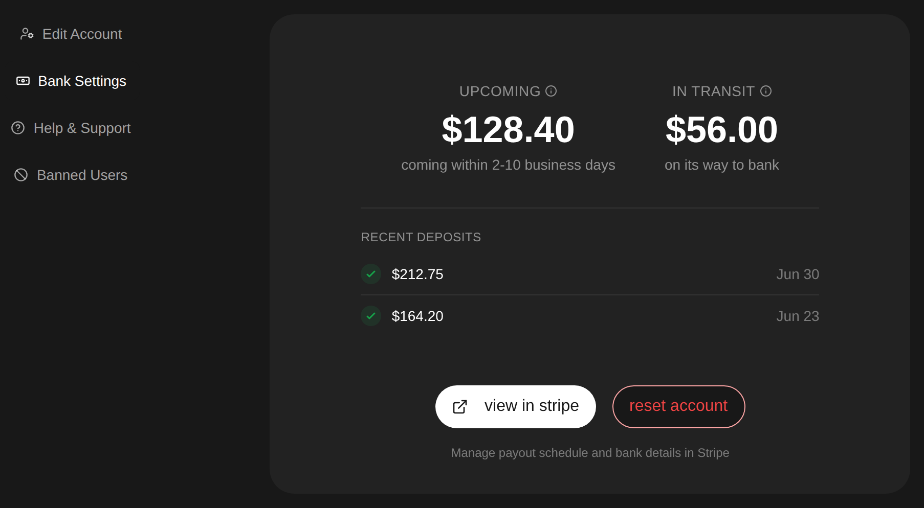 Bank Settings showing upcoming and in transit amounts and recent deposits