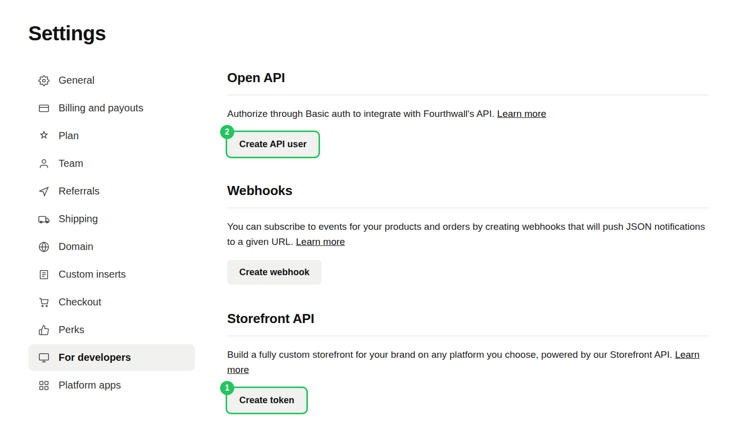 Fourthwall's For developers settings page, showing the Open API and Storefront API sections
