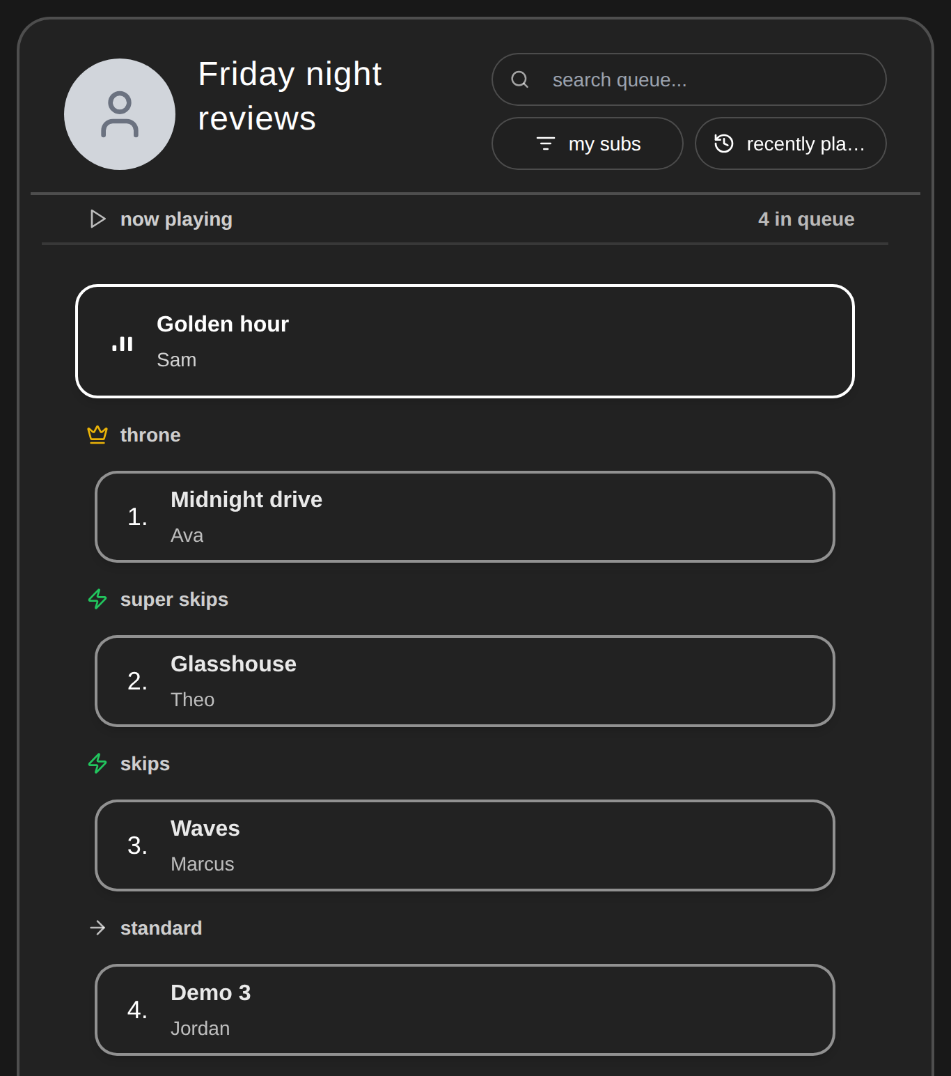 A live queue grouped into throne, super skips, skips, and standard sections
