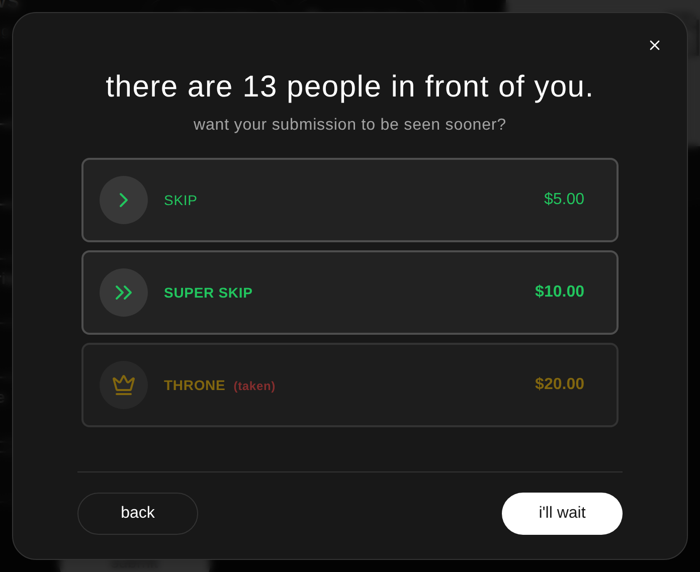 The submit form paid options with the throne marked as taken