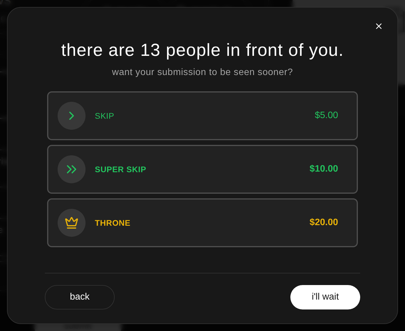 The submit form paid options: skip, super skip, and throne with their prices